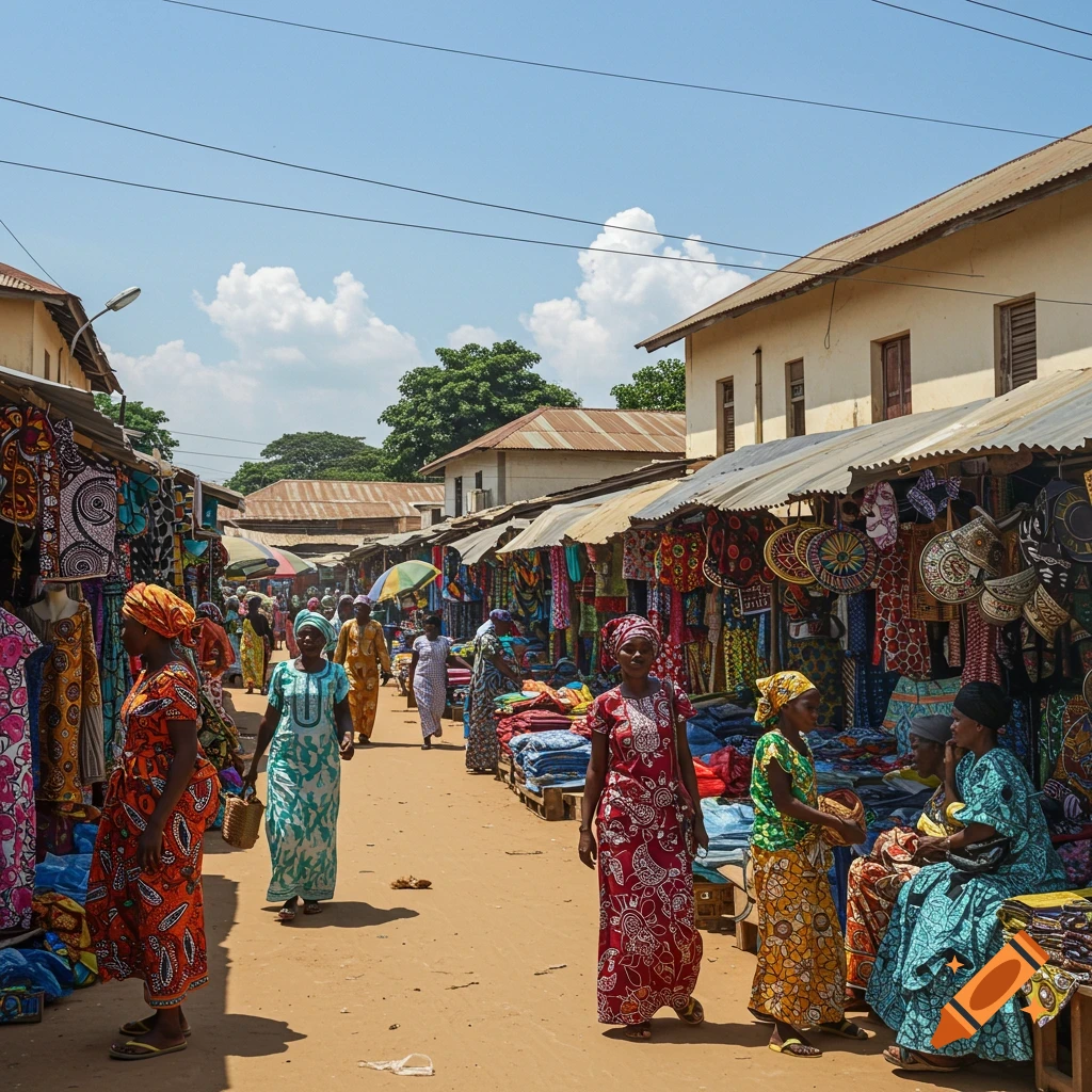 Bustling street market with stalls selling colorful fabrics in Africa
