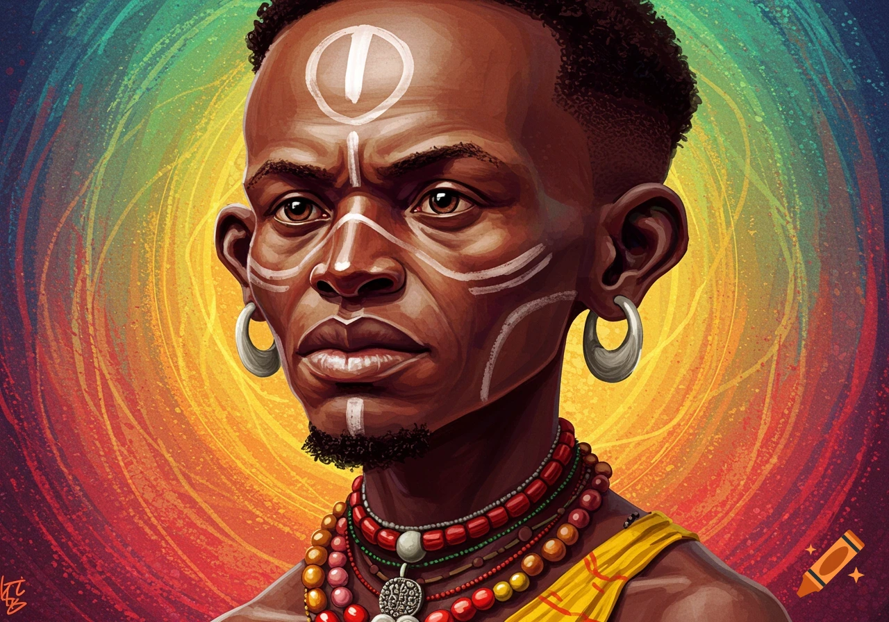 Vibrant illustration of a man with tribal markings and jewelry against a colorful background.