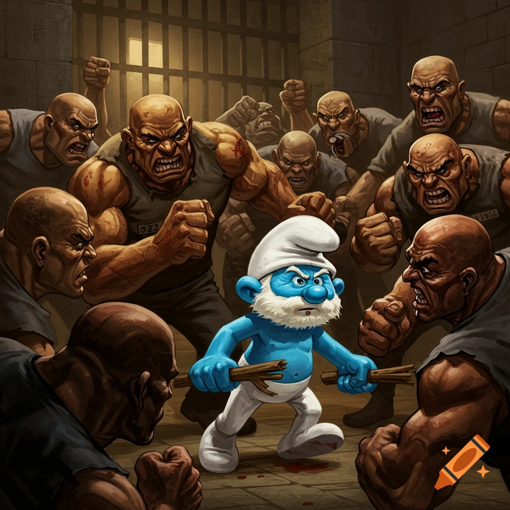 Papa Smurf in a prison fight, surrounded by angry, muscular men.