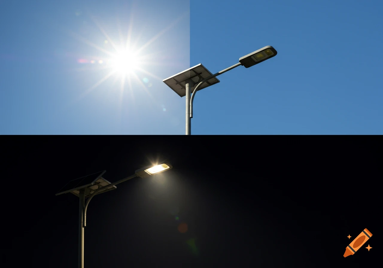 A solar-powered streetlight shown split: the top half is daytime with sun in a blue sky, and the bottom half is nighttime with the light on.