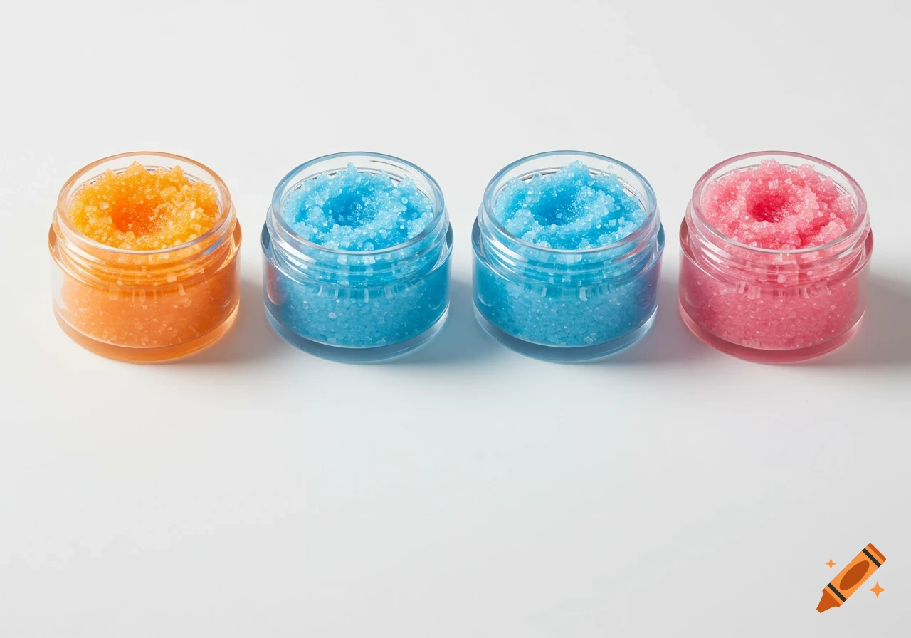 Four open jars of lip scrub in orange, blue, and pink colors on a white background.