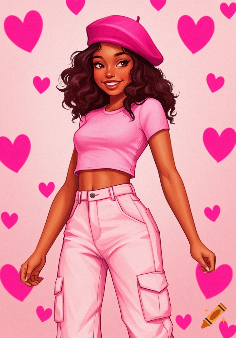 Cartoon illustration of a girl in a pink beret, crop top, and cargo pants, surrounded by pink hearts.