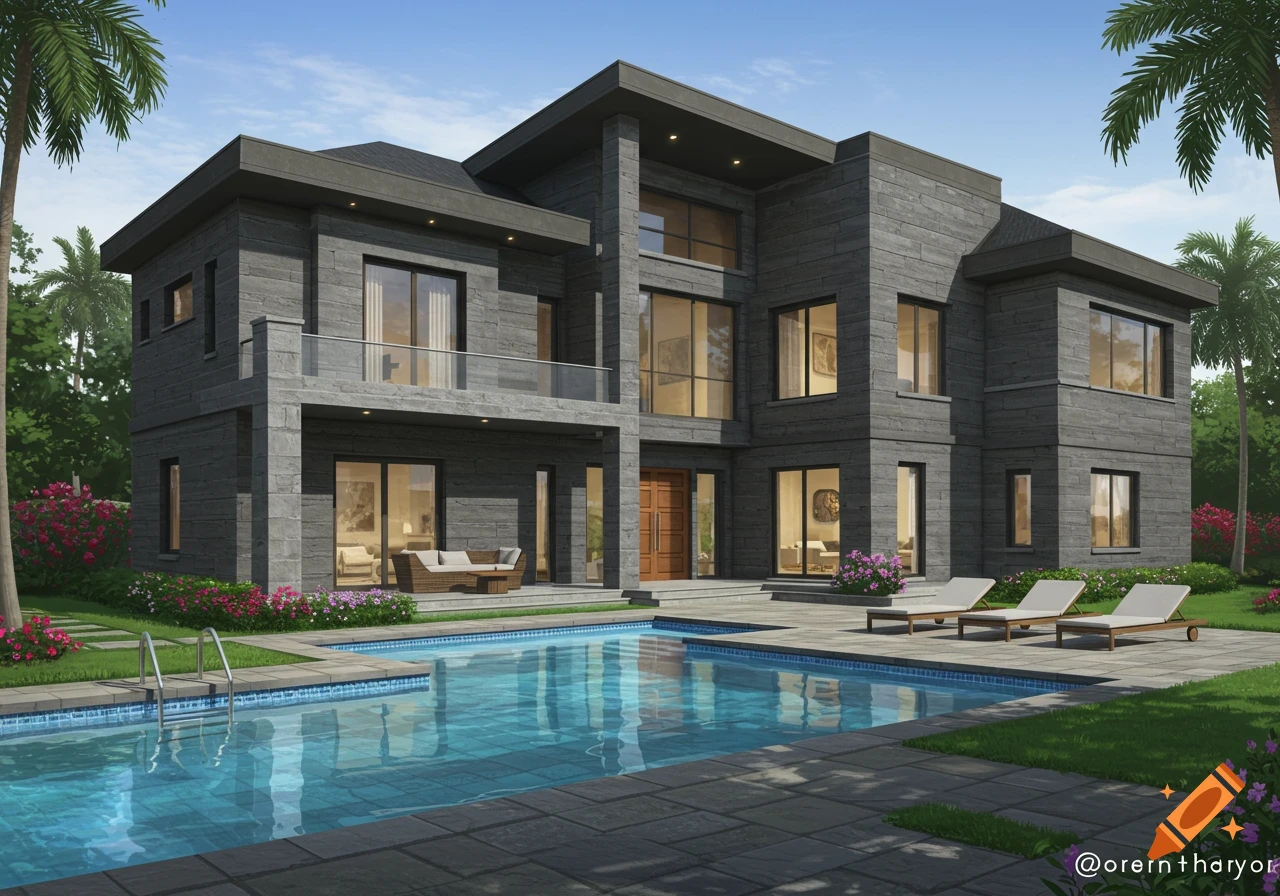 A modern two-story stone house with a swimming pool and lush landscaping.