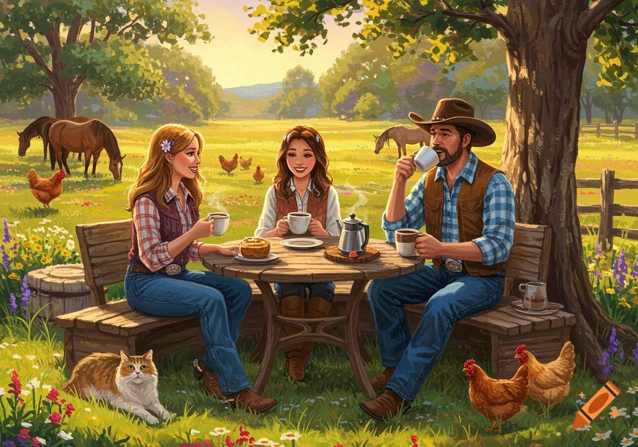 Illustrative painting of family drinking coffee outdoors with horses, chickens, cat, and wildflowers.