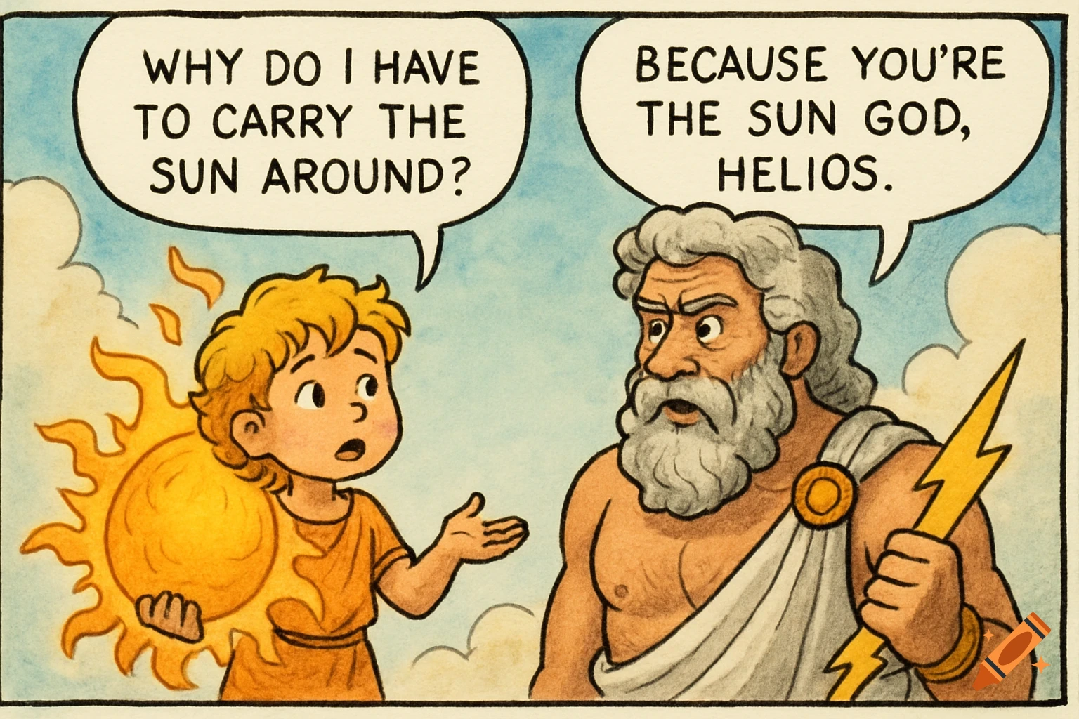 Comic panel of child Helios holding the sun asking Zeus why, and Zeus responding. Both are drawn in a cartoon style.