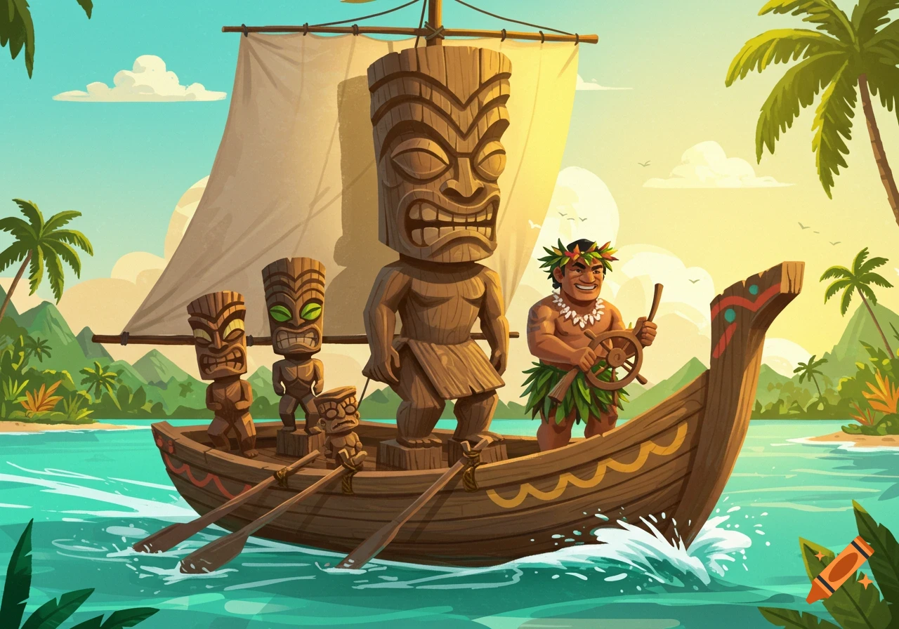 Cartoon illustration of a man steering a boat filled with large tiki statues, sailing in a tropical lagoon at sunset.