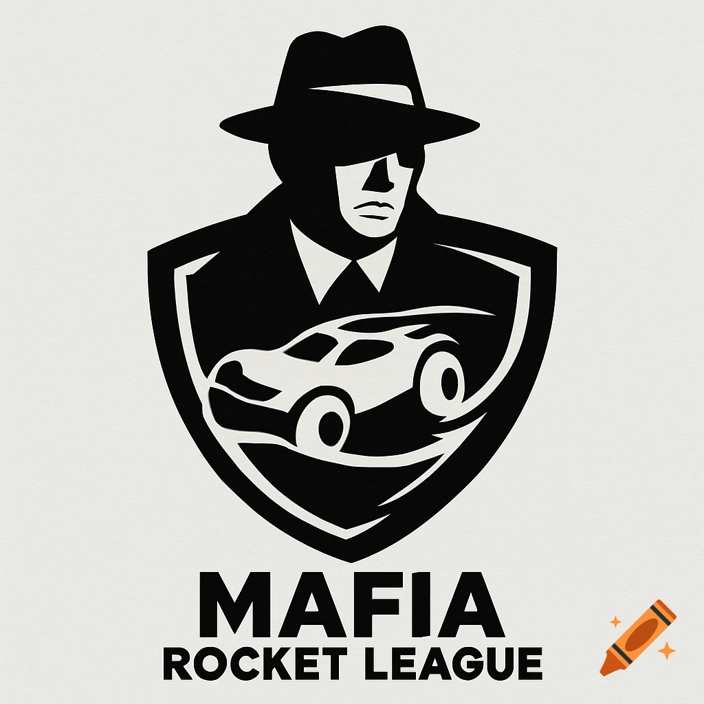 Black and white logo with man in fedora and car inside shield above text 'MAFIA ROCKET LEAGUE'