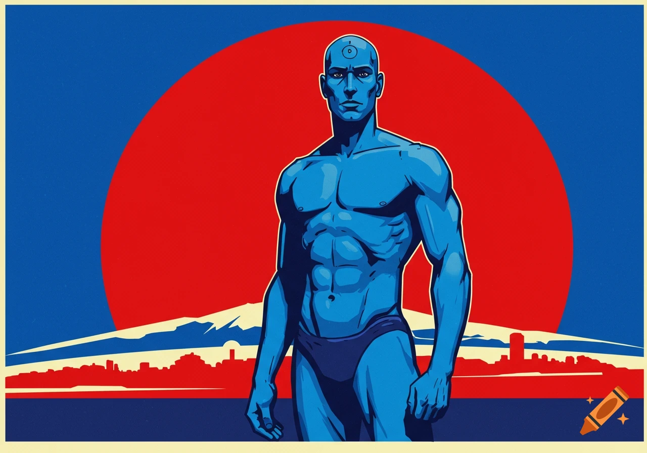 Dr. Manhattan standing in a stylized Cold War era propaganda poster with a red circle sun.