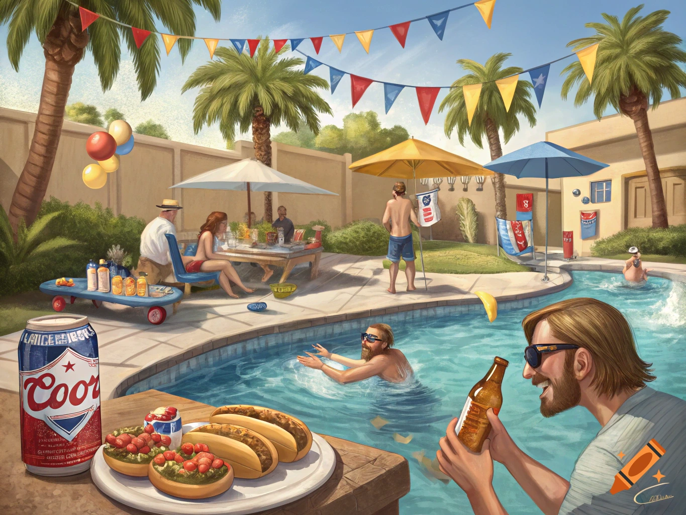 Illustrated pool party scene with people swimming and eating hot dogs. A large can of Coors beer is in the foreground.