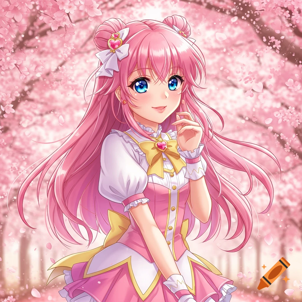 Anime girl with pink hair and blue eyes in a pink dress stands among cherry blossoms.