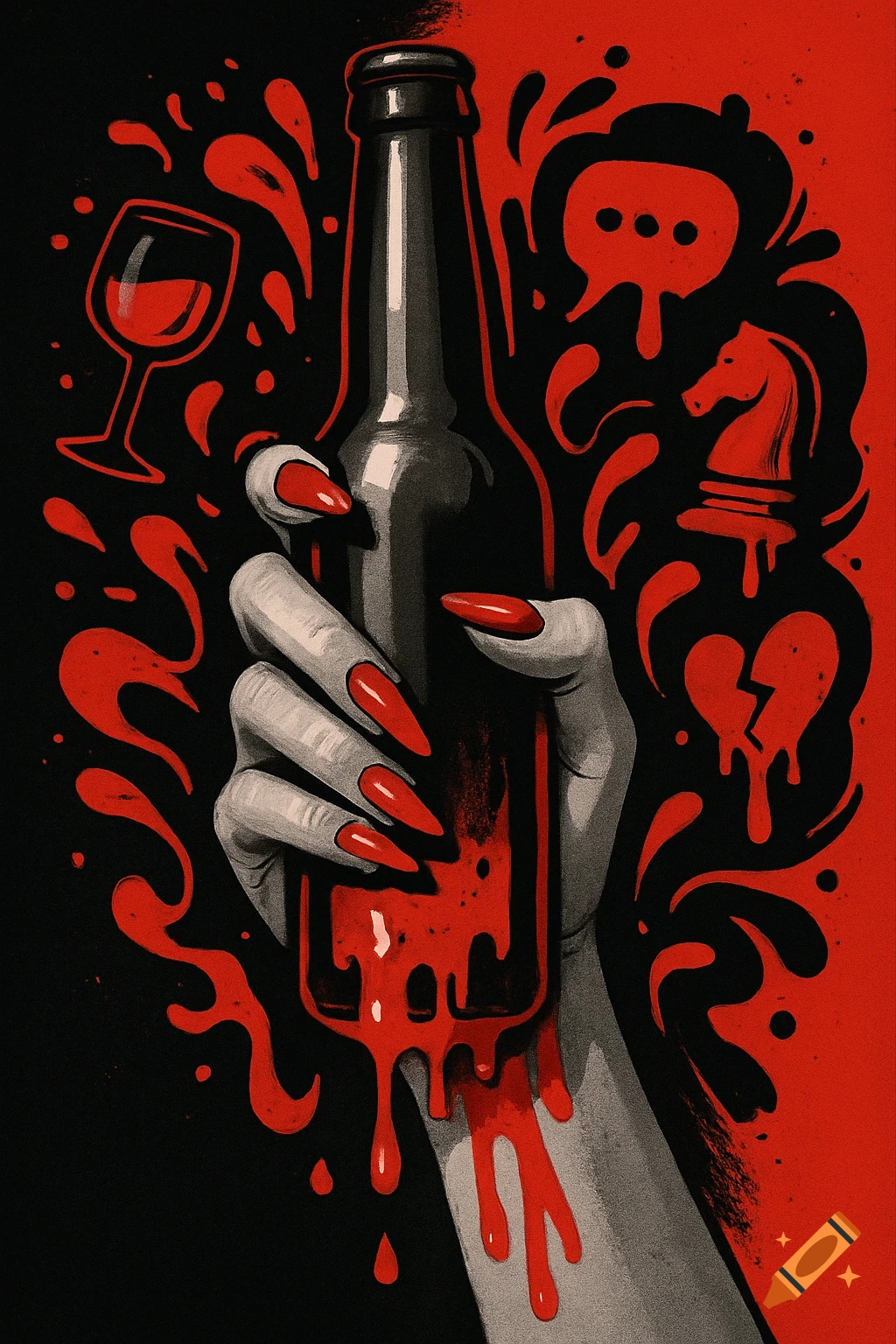 Graphic art of a hand with red nails holding a bottle, with red drips, wine glass, speech bubble, chess piece, broken heart on black background.