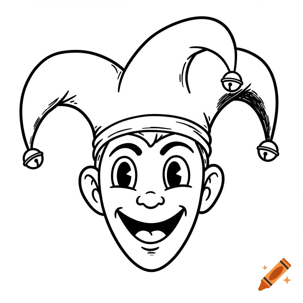 Black and white drawing of a jester's face with a hat and bells.
