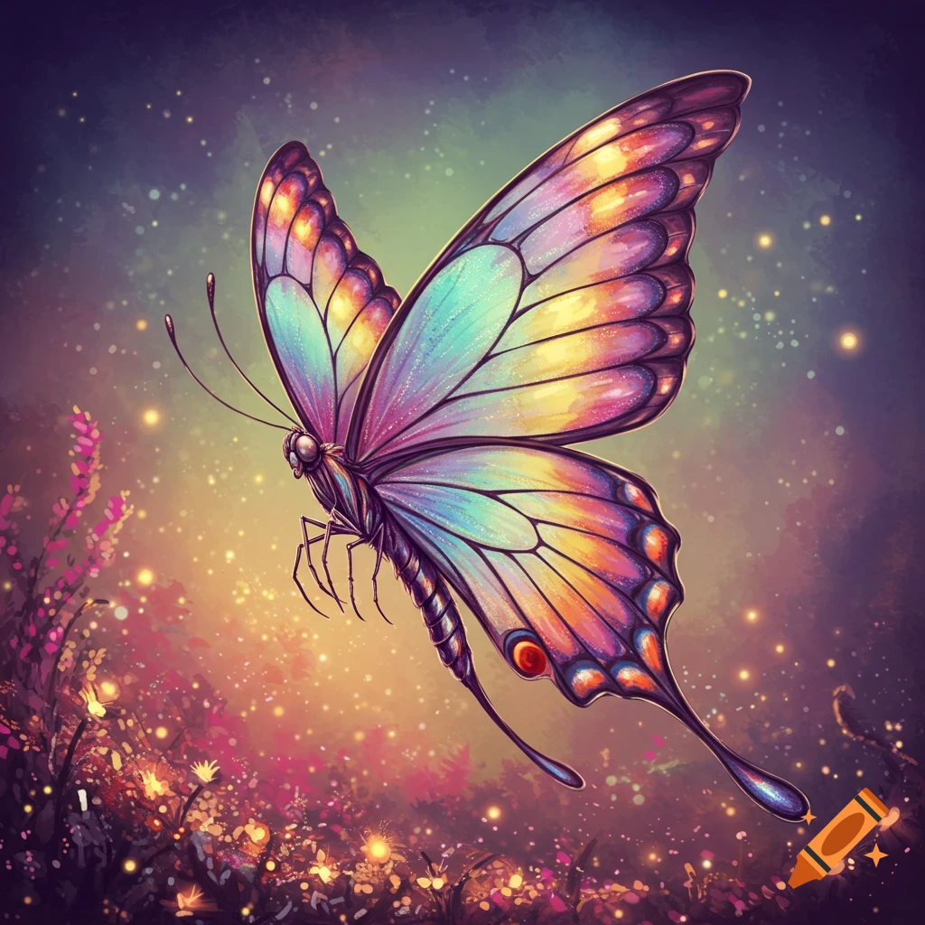 Colorful fantasy butterfly flying among sparkly plants