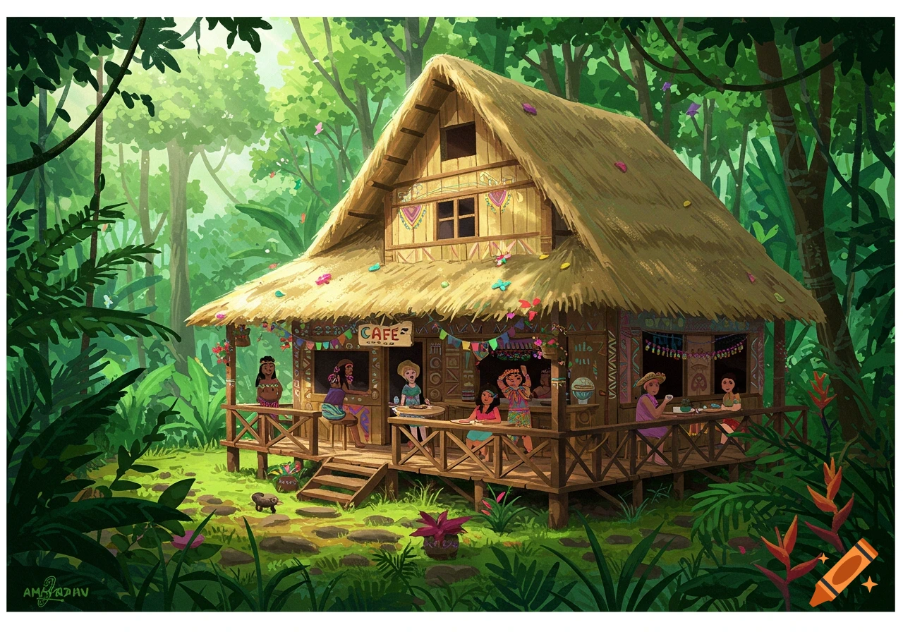 Illustration of a cafe in a lush jungle with people inside and on the porch.