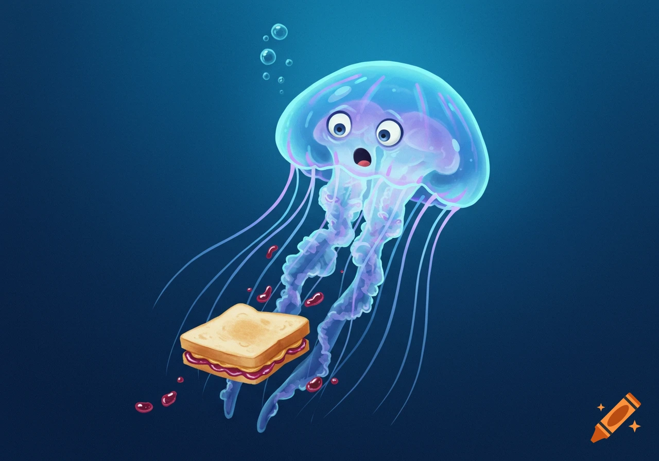 Shocked cartoon jellyfish underwater with a peanut butter and jelly sandwich.