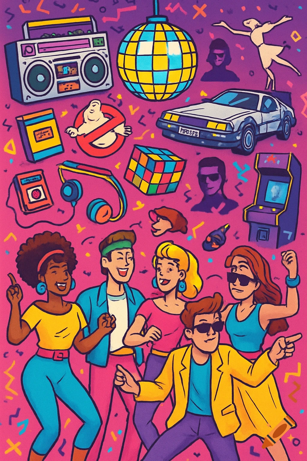 Cartoon illustration of an 80s party with dancing people, pop culture icons like a boombox, Delorean, disco ball, and arcade game.