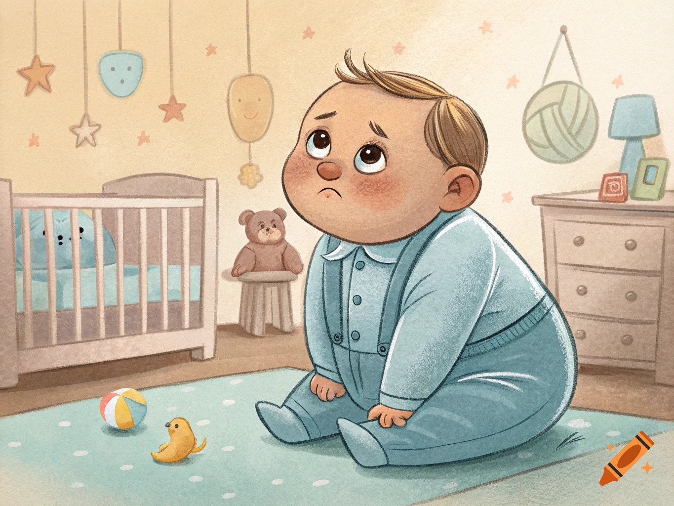 Illustration of a sad baby sitting in a nursery