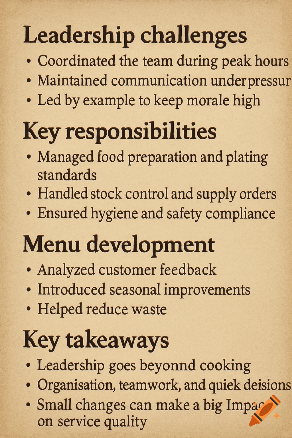 A document with bullet points under headings: Leadership challenges, Key responsibilities, Menu development, and Key takeaways.