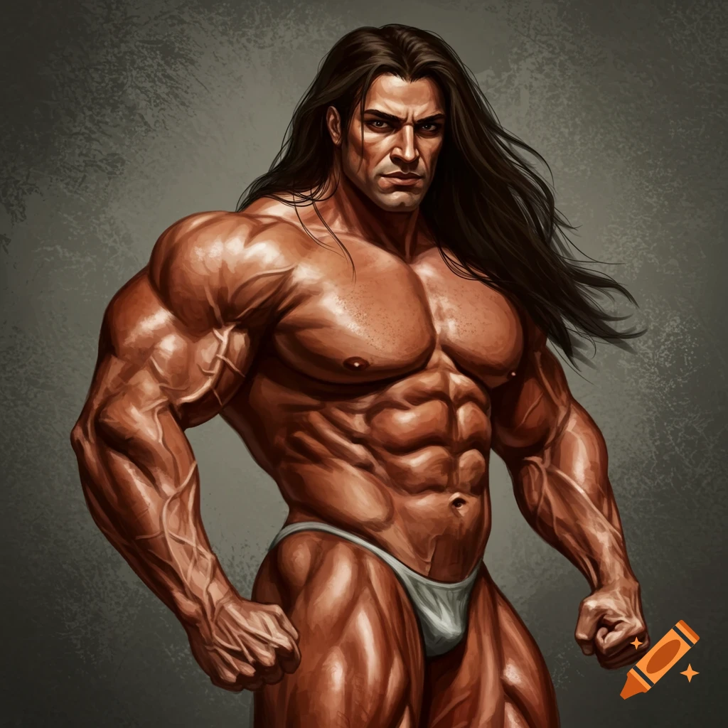 Highly detailed illustration of a muscular man with long hair wearing a posing brief.