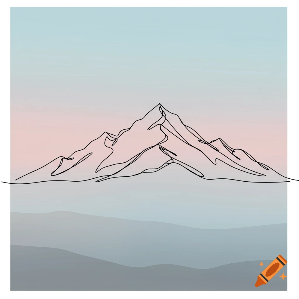 Minimalist single line drawing of mountains against a gradient background