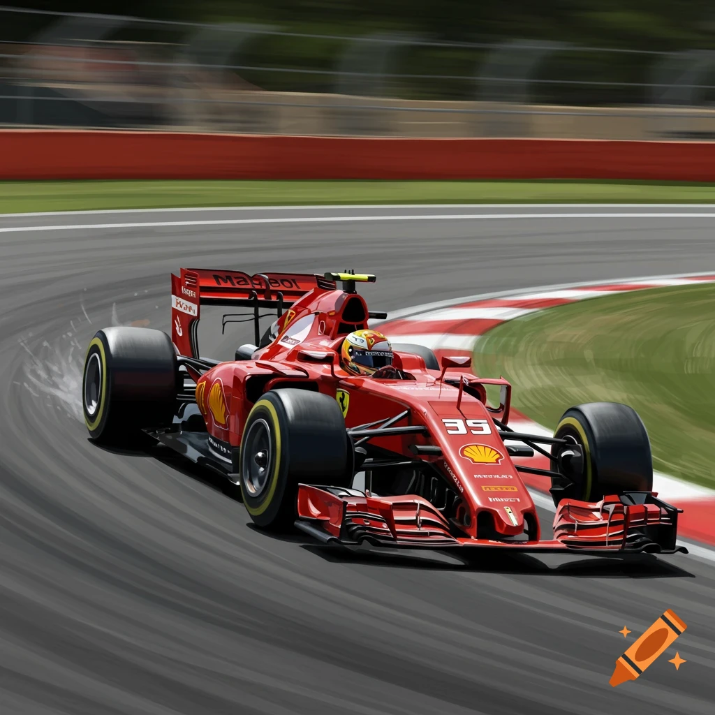 Red Formula 1 race car speeds around a track turn