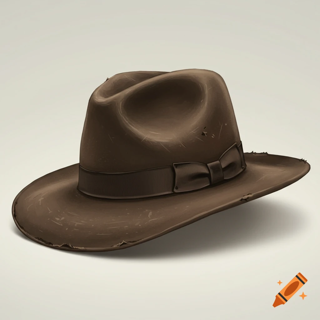 A worn brown fedora hat with a ribbon band.
