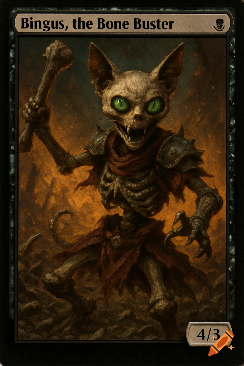 Magic the Gathering card art featuring a skeletal cat creature with green eyes holding a bone club.