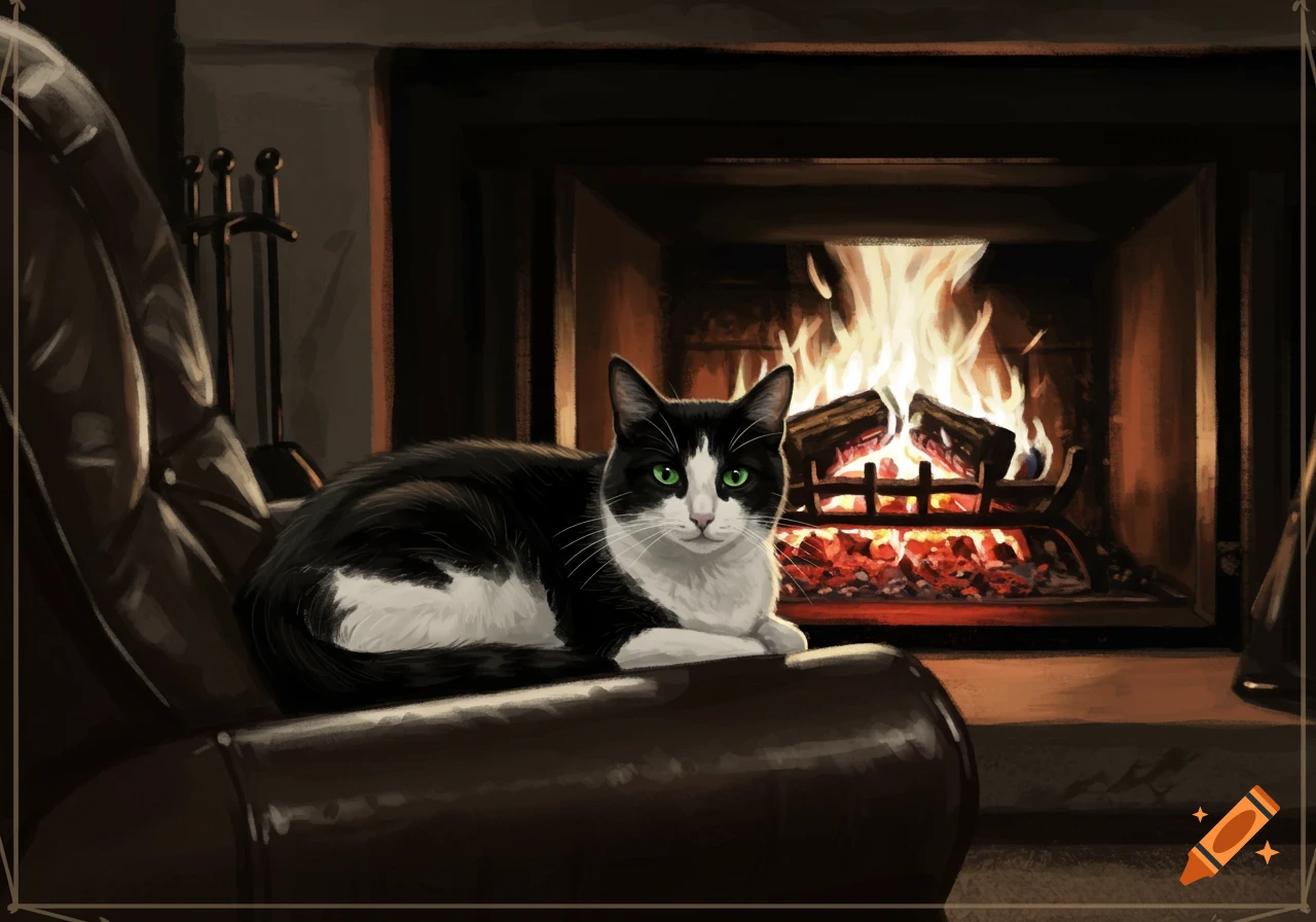 A black and white cat lays on a leather armchair in front of a crackling fireplace. Digital painting.
