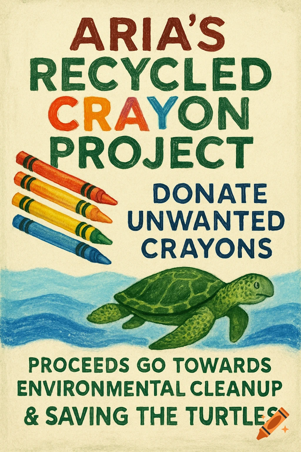 A flyer illustration in crayon style advertising Aria's Recycled Crayon Project, featuring crayons, a turtle swimming in water, and text about donating crayons for environmental cleanup.