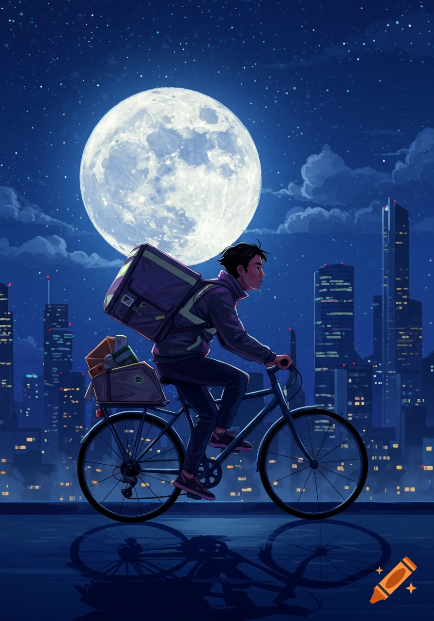Illustration of a courier cyclist riding under a full moon with a city skyline