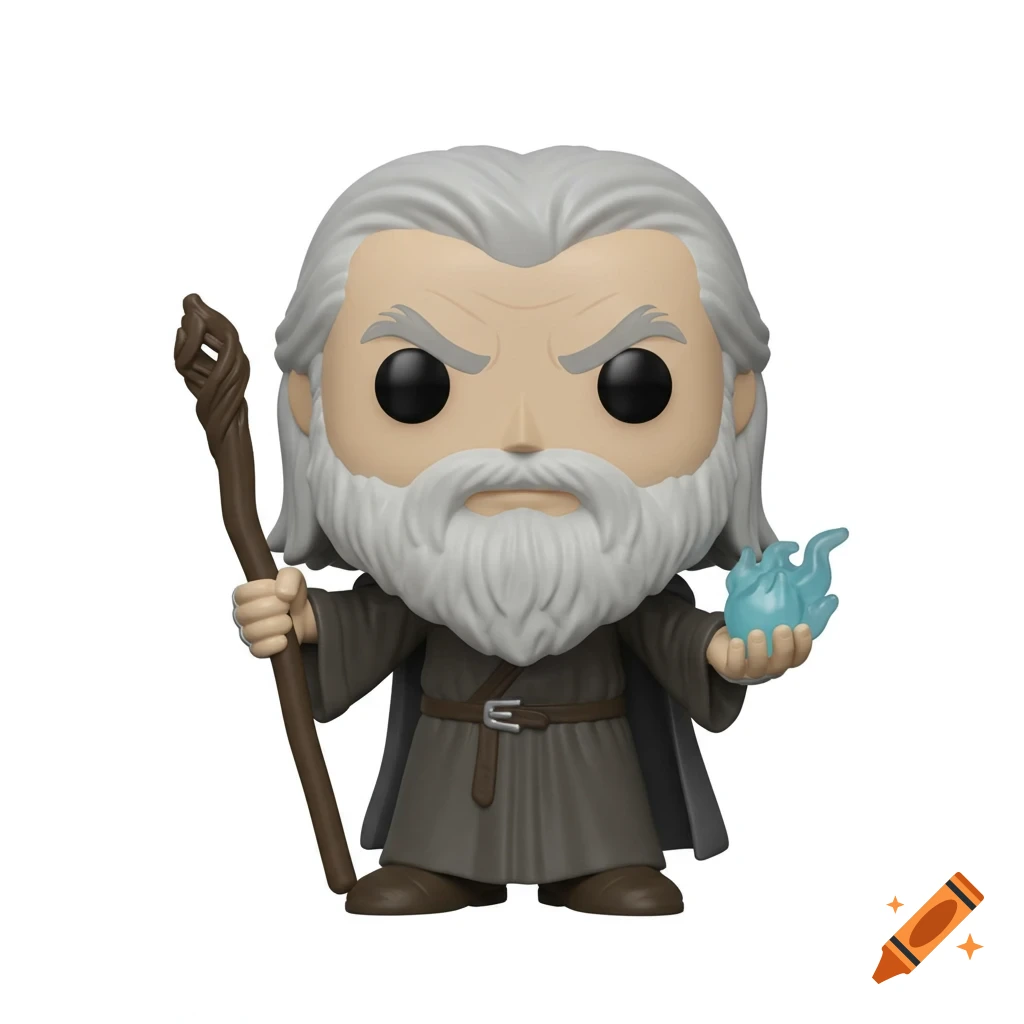 Funko Pop figure of Gandalf holding a staff and blue flame on white background