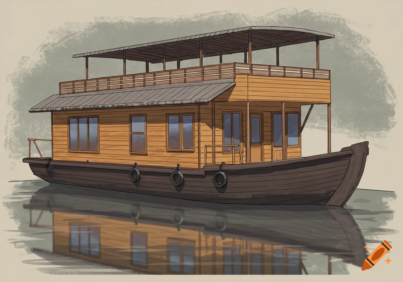 Illustrated wooden houseboat on water with reflection.