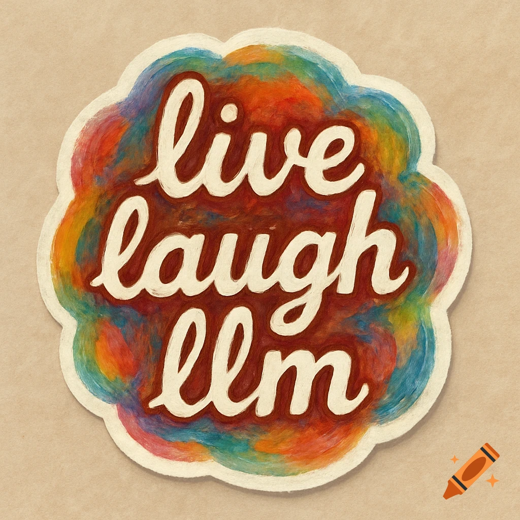 Sticker with the text 'live laugh llm' on a colorful abstract background in a painted style.