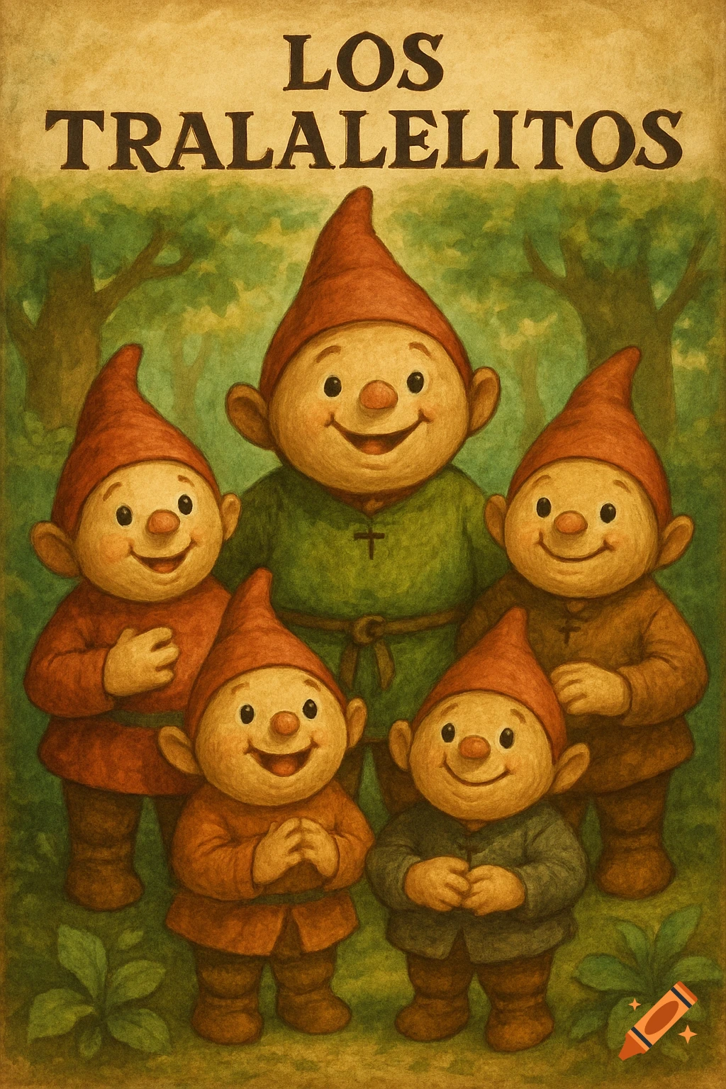 Vintage illustration of five cheerful cartoon gnomes in a forest clearing with title text above them.