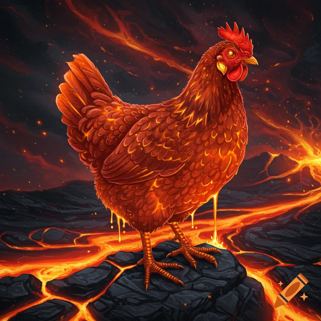 A stylized illustration of a lava chicken standing on a rock in a volcanic landscape with flowing lava.