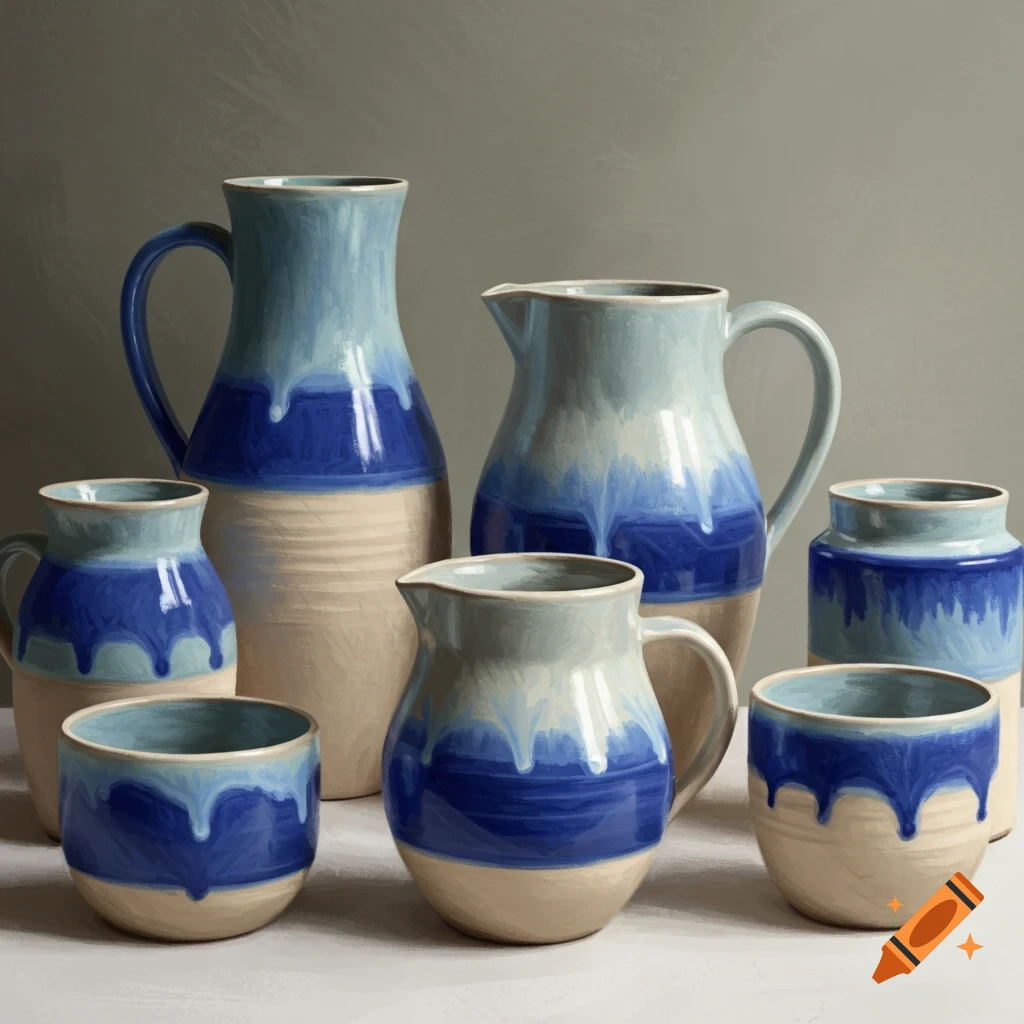 A still life painting of blue and beige ceramic pots, jugs, and cups