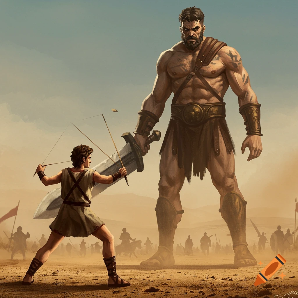 David faces the giant Goliath on a desert battlefield, digital illustration