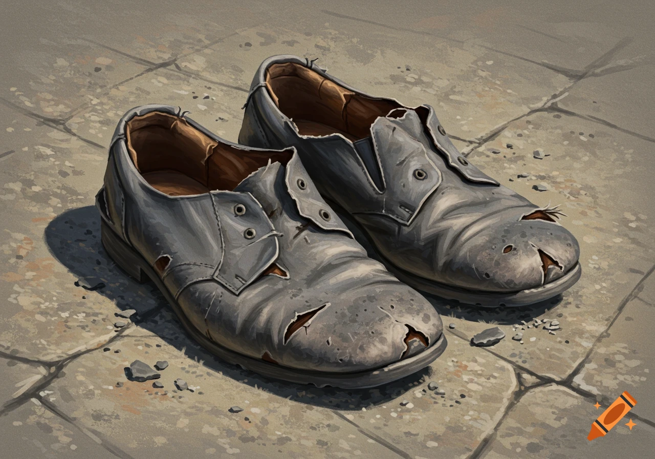 A close-up of a pair of worn and broken grey shoes lying on a stone paved ground.