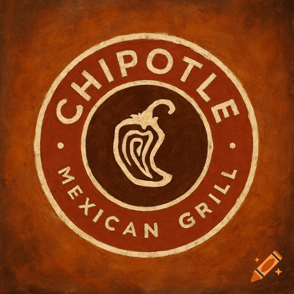 A stylized painting of the Chipotle Mexican Grill logo featuring a chili  pepper icon and text on a textured brown background. on Craiyon, image size:1024x1024