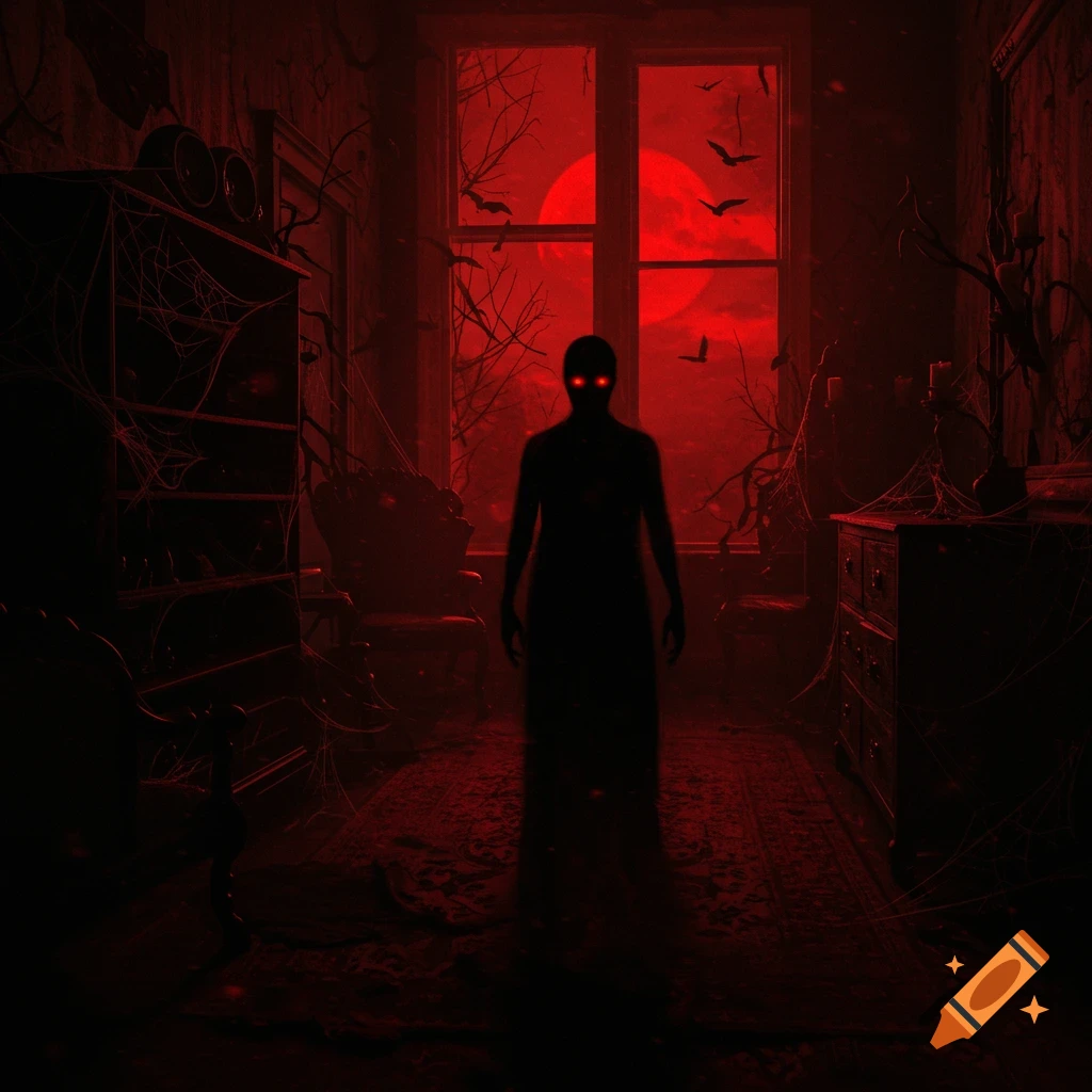 Silhouetted figure with red eyes in a dark, cobweb-filled room with a red moon and bats outside a window.