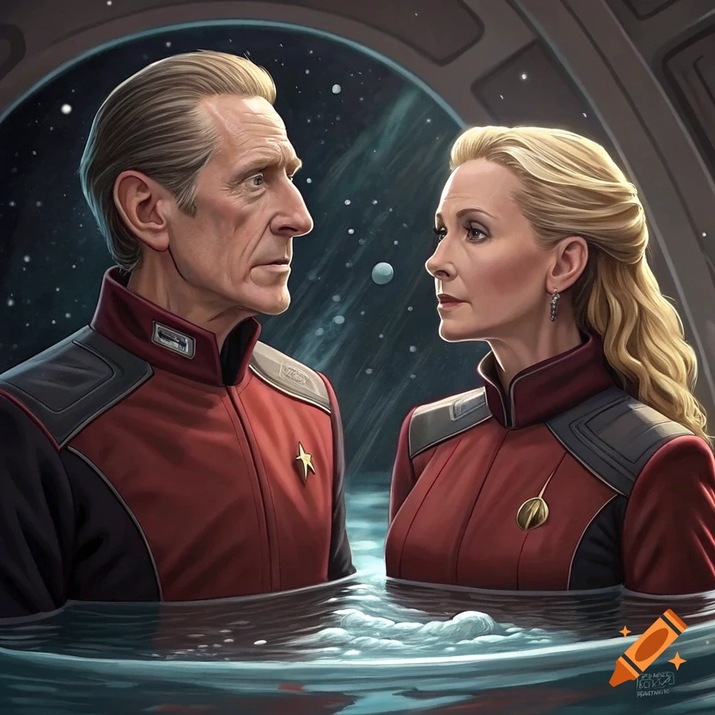 Two people in science fiction uniforms submerged in water with a space background.
