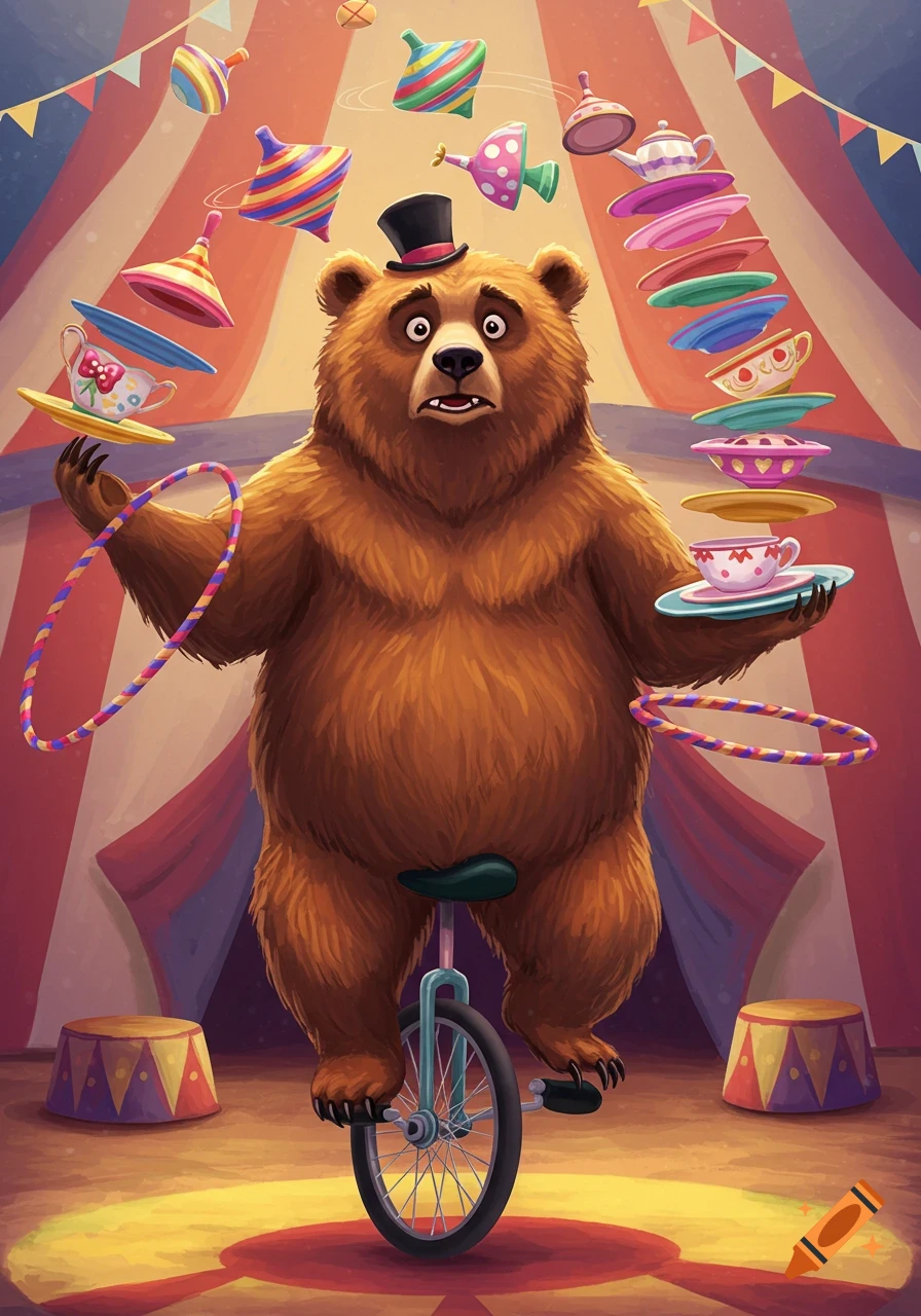 A cartoon bear juggles spinning tops, plates, and teacups while riding a unicycle in a circus tent.
