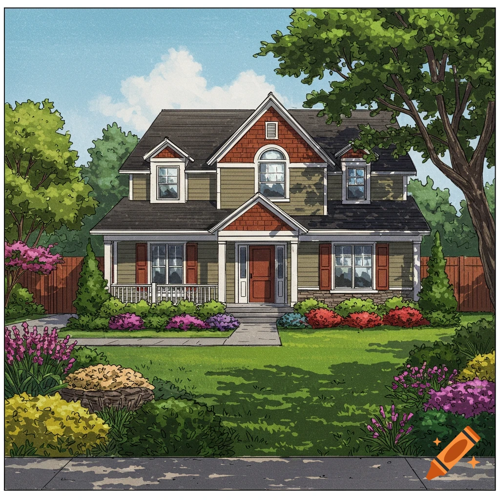 Illustration of a house with a detailed landscaped front yard and garden.