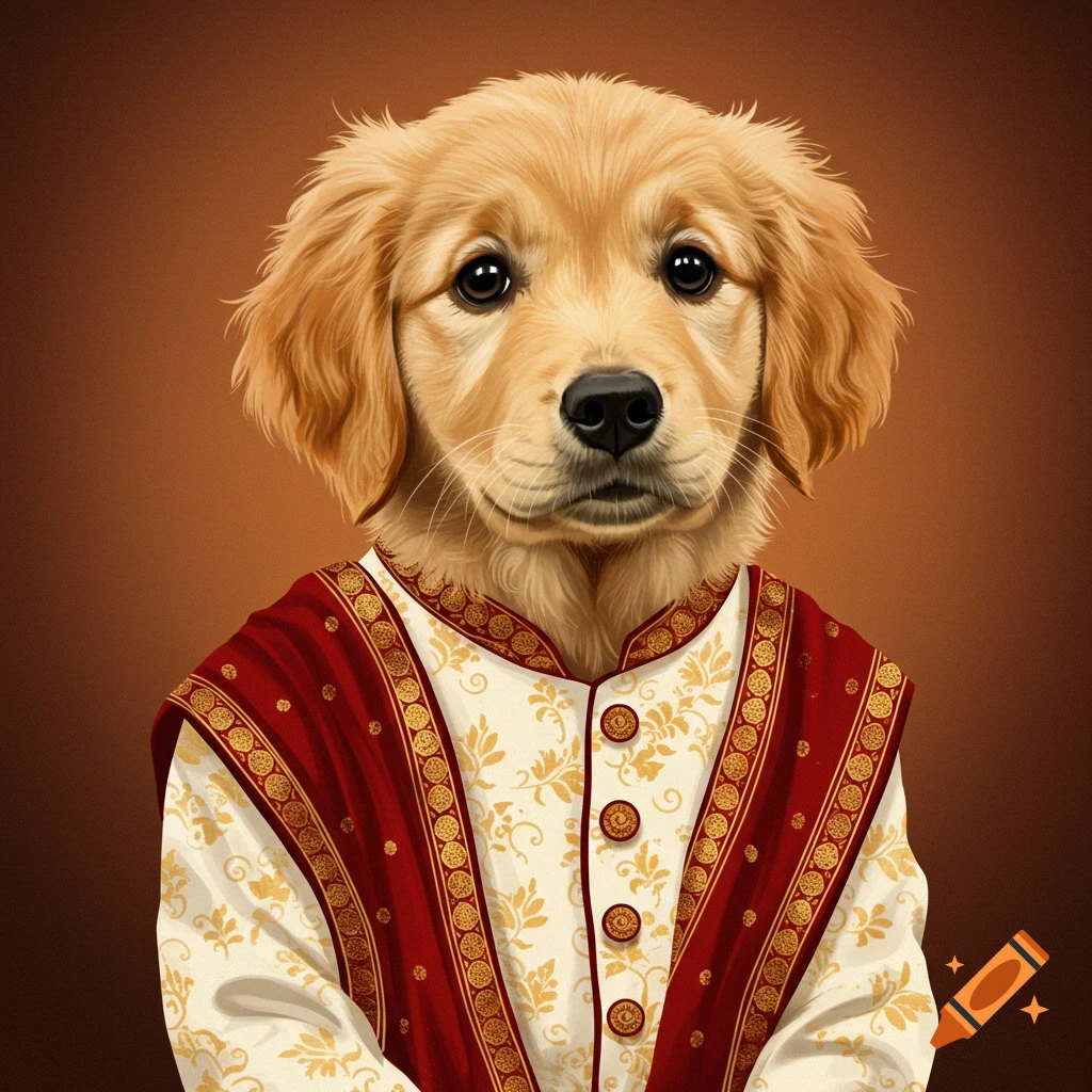 Golden retriever puppy in a white and red traditional sherwani outfit.