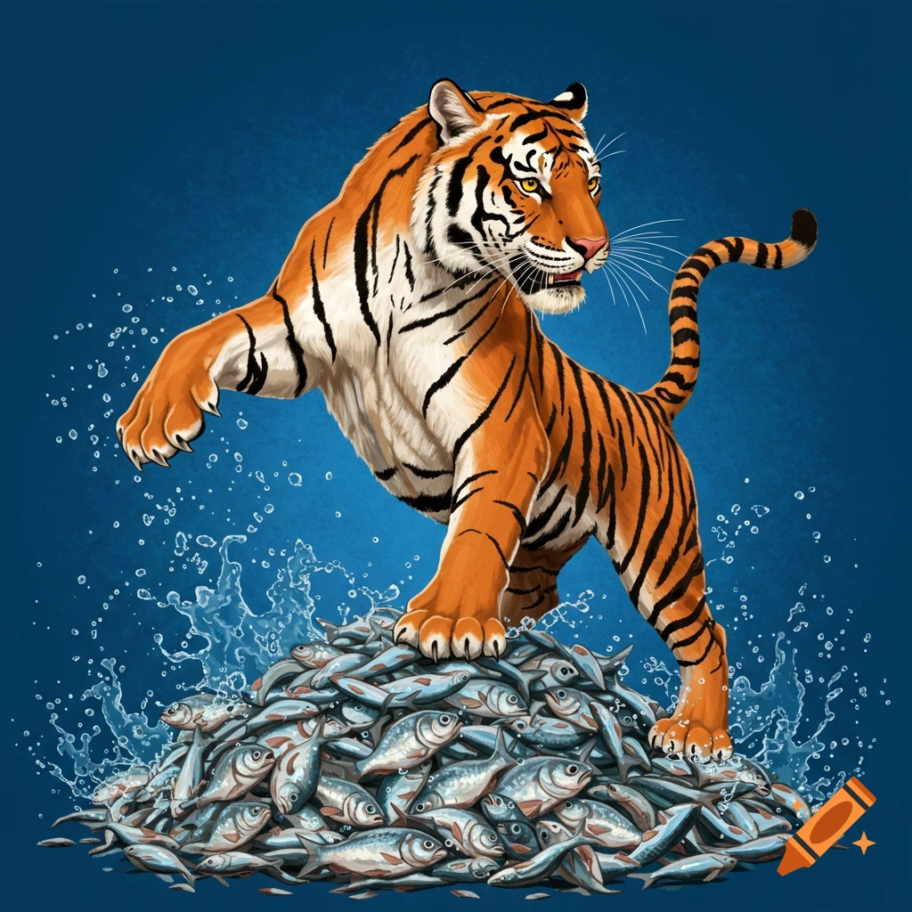 An illustration of a tiger leaping onto a large pile of fish with water splashing.