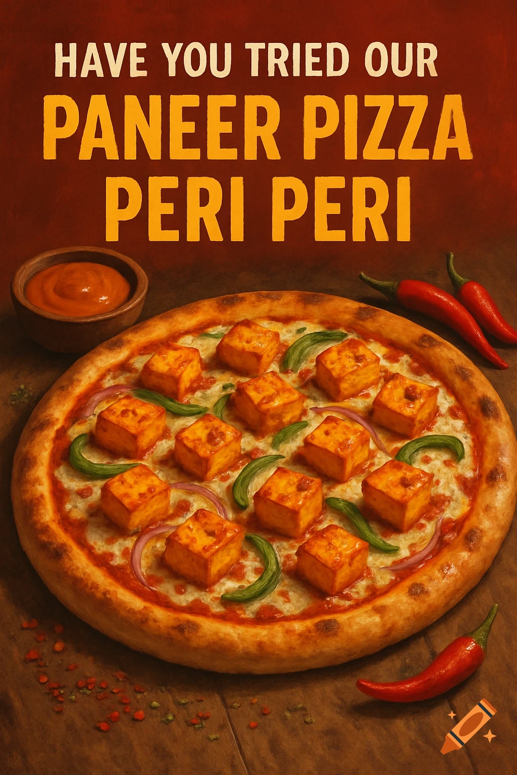 Poster with text 'HAVE YOU TRIED OUR PANEER PIZZA PERI PERI' showing a paneer pizza.