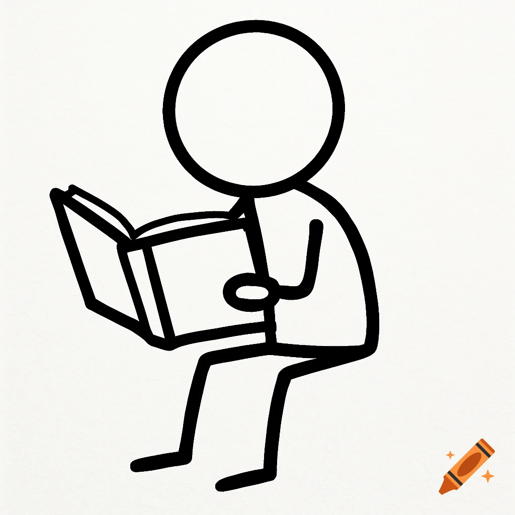A simple illustration of a stick figure reading a book.