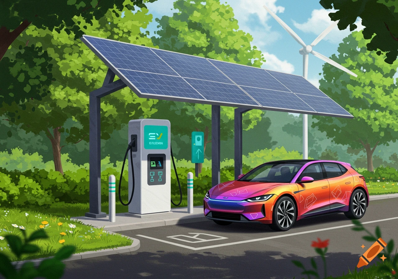 Illustration of an electric car charging under solar panels with a wind turbine in the background.