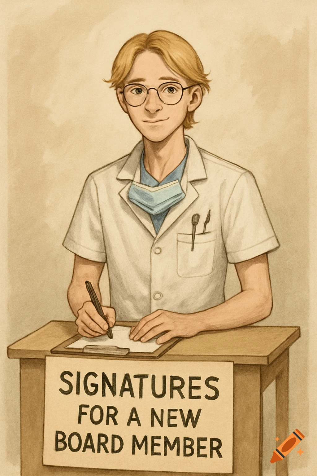 Illustration of a young man in a lab coat signing a document at a table with a 'SIGNATURES FOR A NEW BOARD MEMBER' sign.