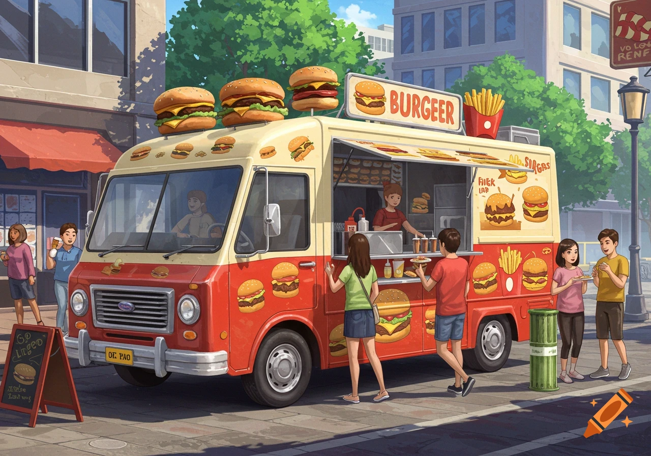 Illustration of a burger food truck on a street with people.